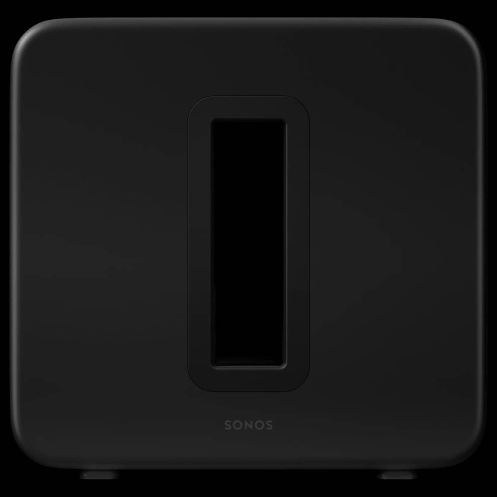 Front of a black Sonos Sub 4, straight-on angle